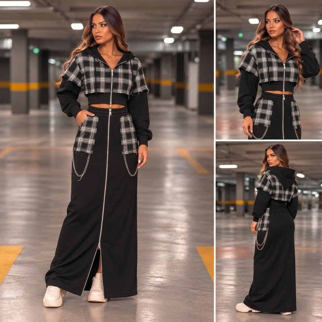 Set Damă Negru cu Carouri Gri și Fustă Lungă