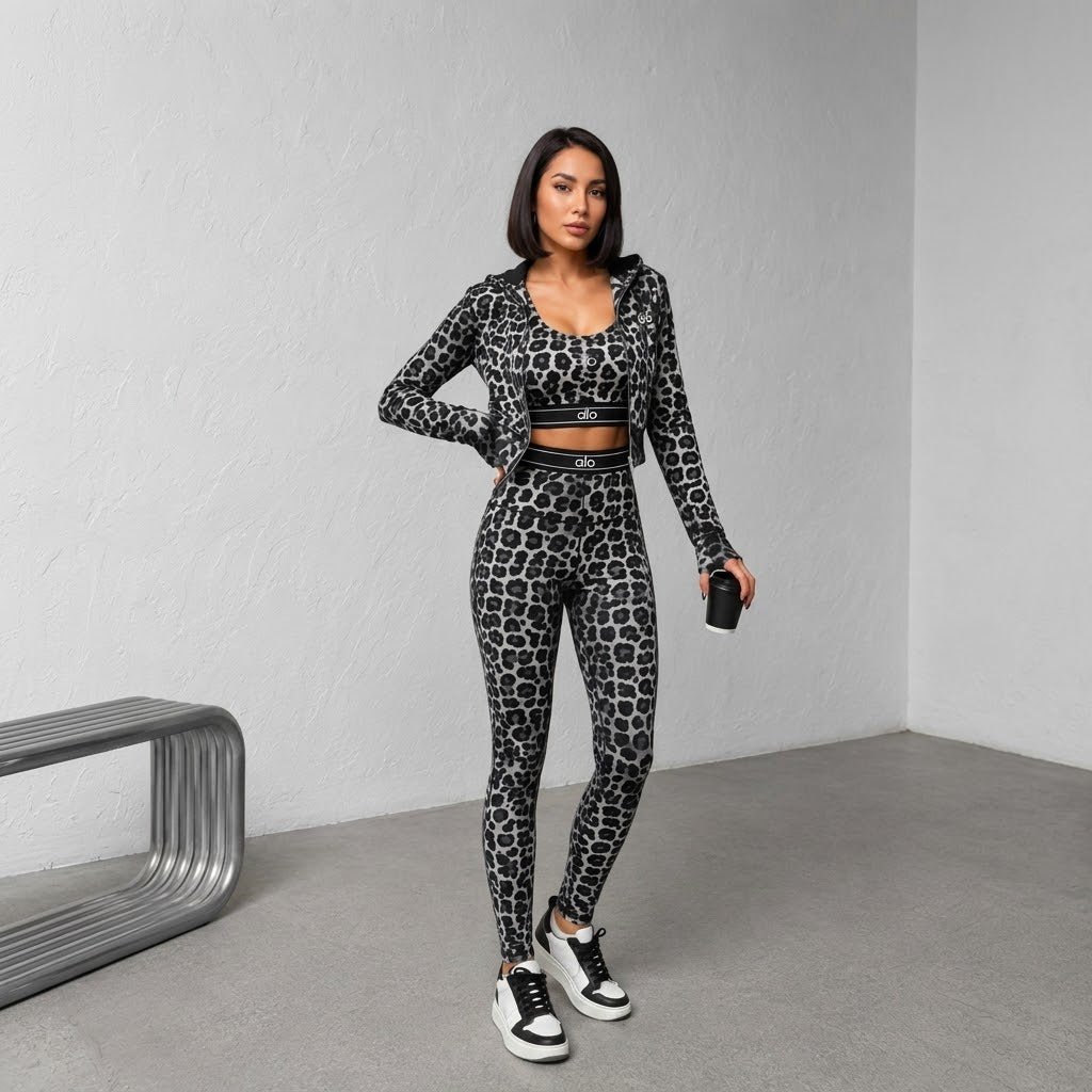 Compleu Damă Sport 3 Piese cu Imprimeu Leopard – Gri