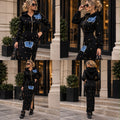 Set Damă Negru cu Fustă Lungă, Inserții Denim și Detalii Aurii