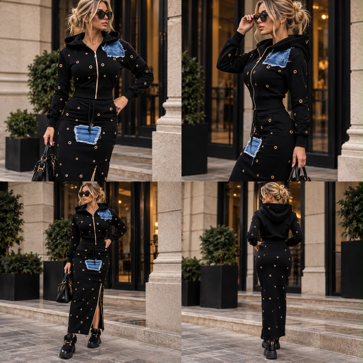 Set Damă Negru cu Fustă Lungă, Inserții Denim și Detalii Aurii