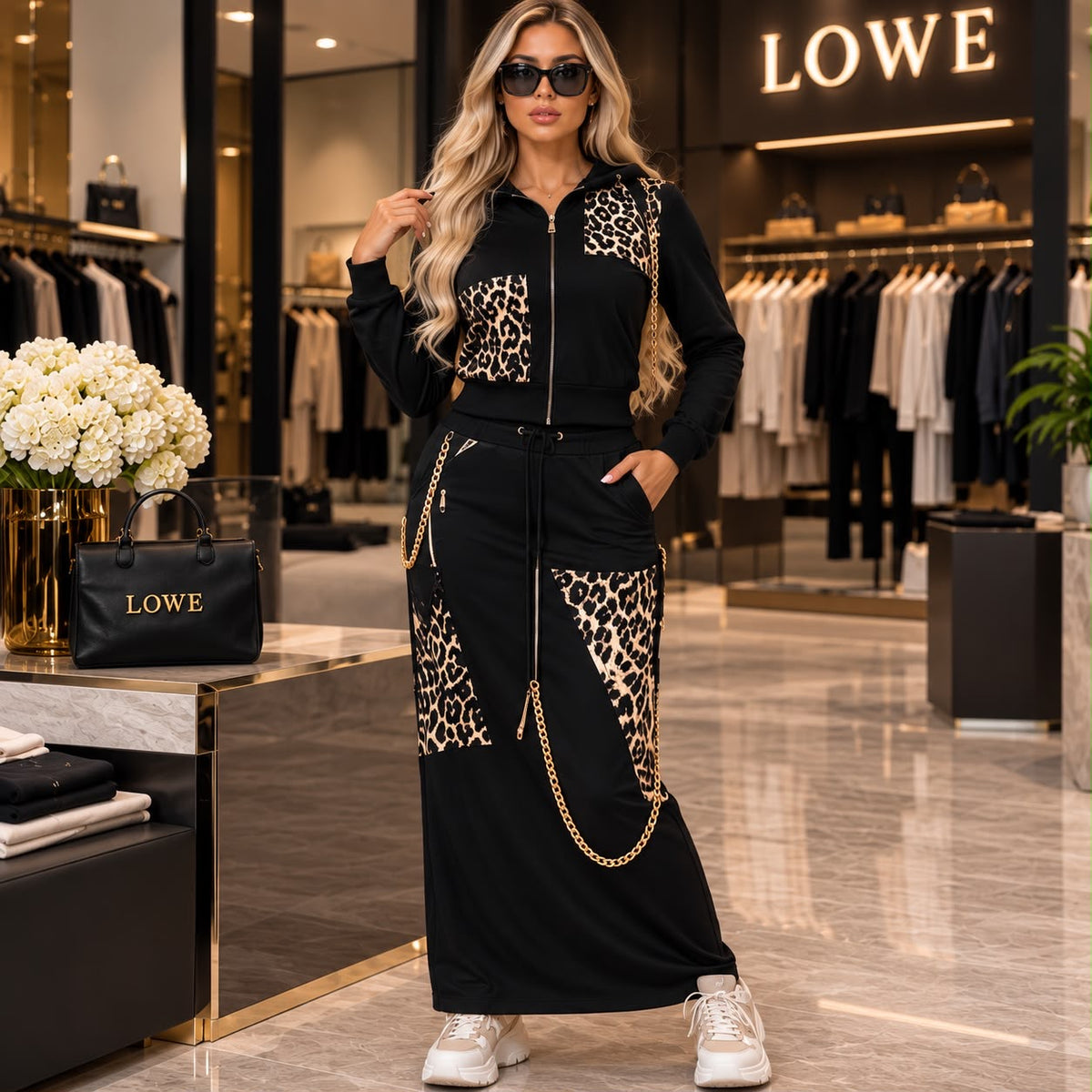 Set Damă Negru cu Inserții Animal Print și Detalii Aurii