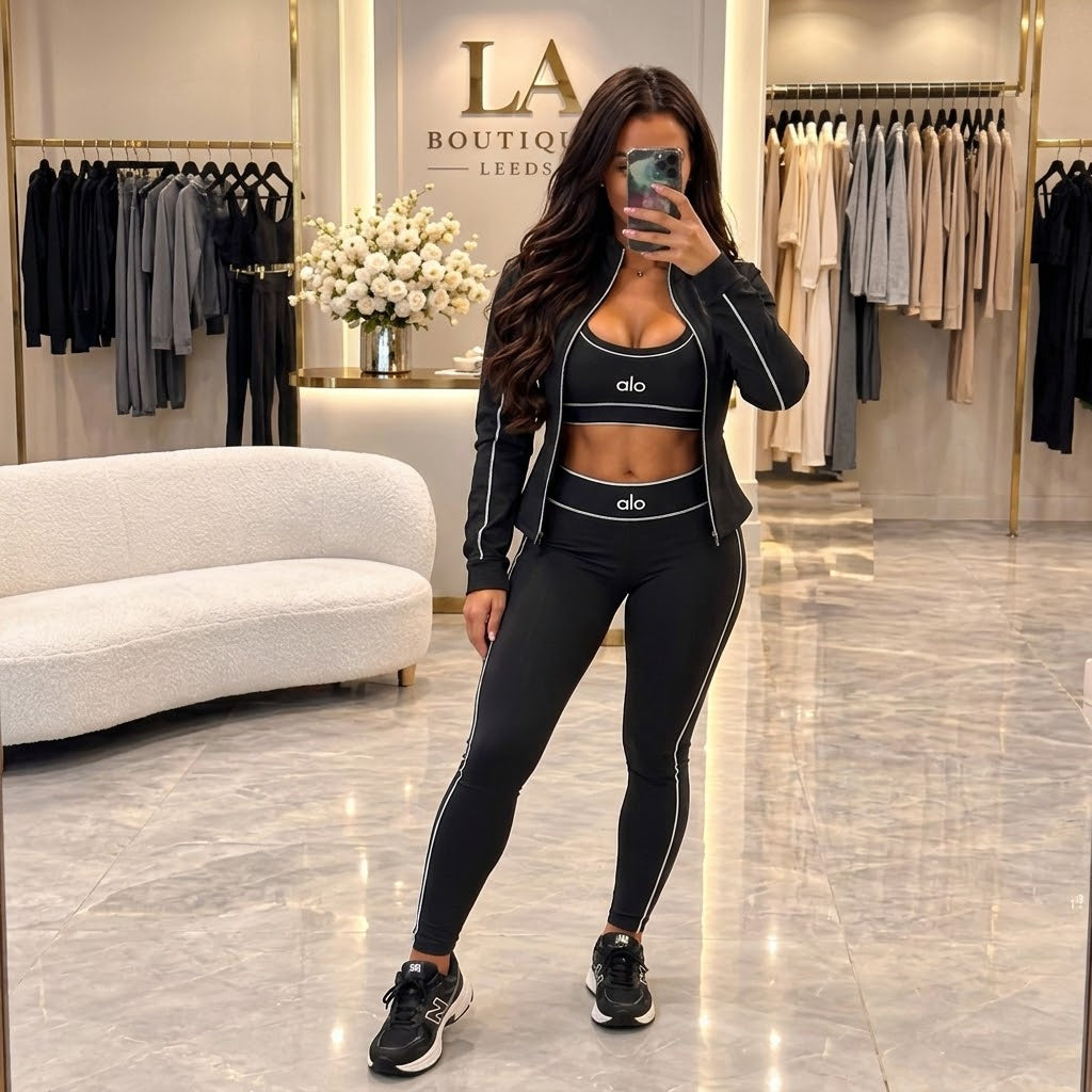 Set Damă Sport 3 Piese cu Jachetă și Colanți – Negru