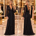 Rochie Damă Lungă cu Dantelă și Mâneci Evazate – Negru