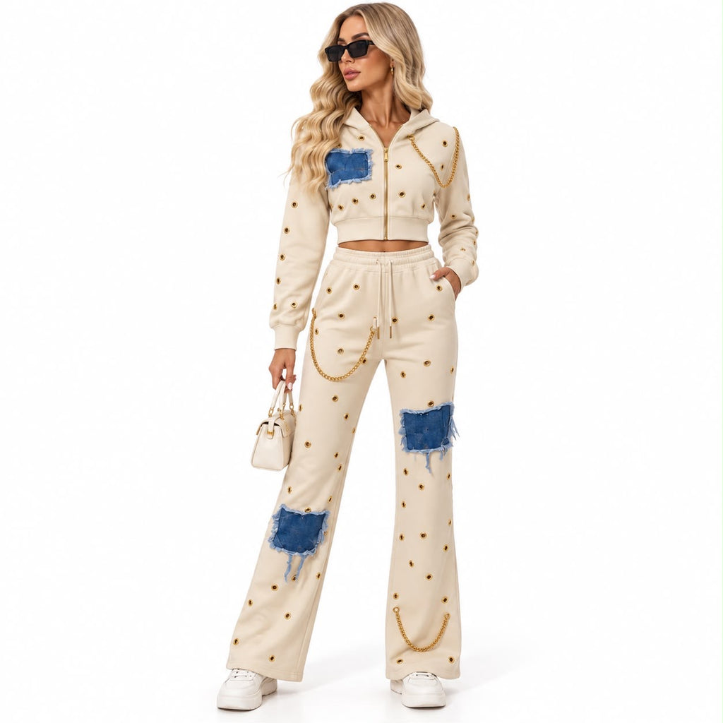 Set Damă Crem cu Inserții Denim și Detalii Aurii
