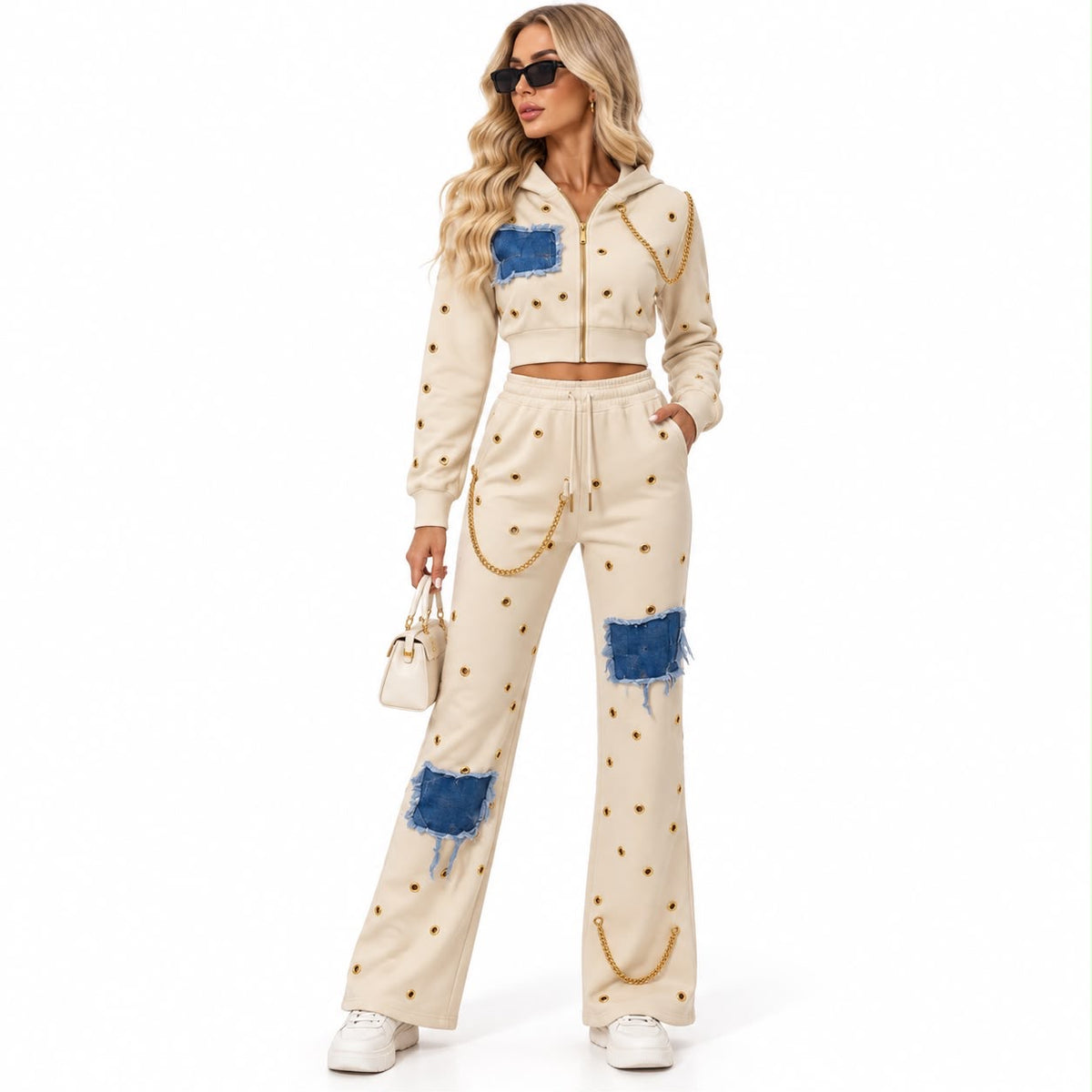 Set Damă Crem cu Inserții Denim și Detalii Aurii