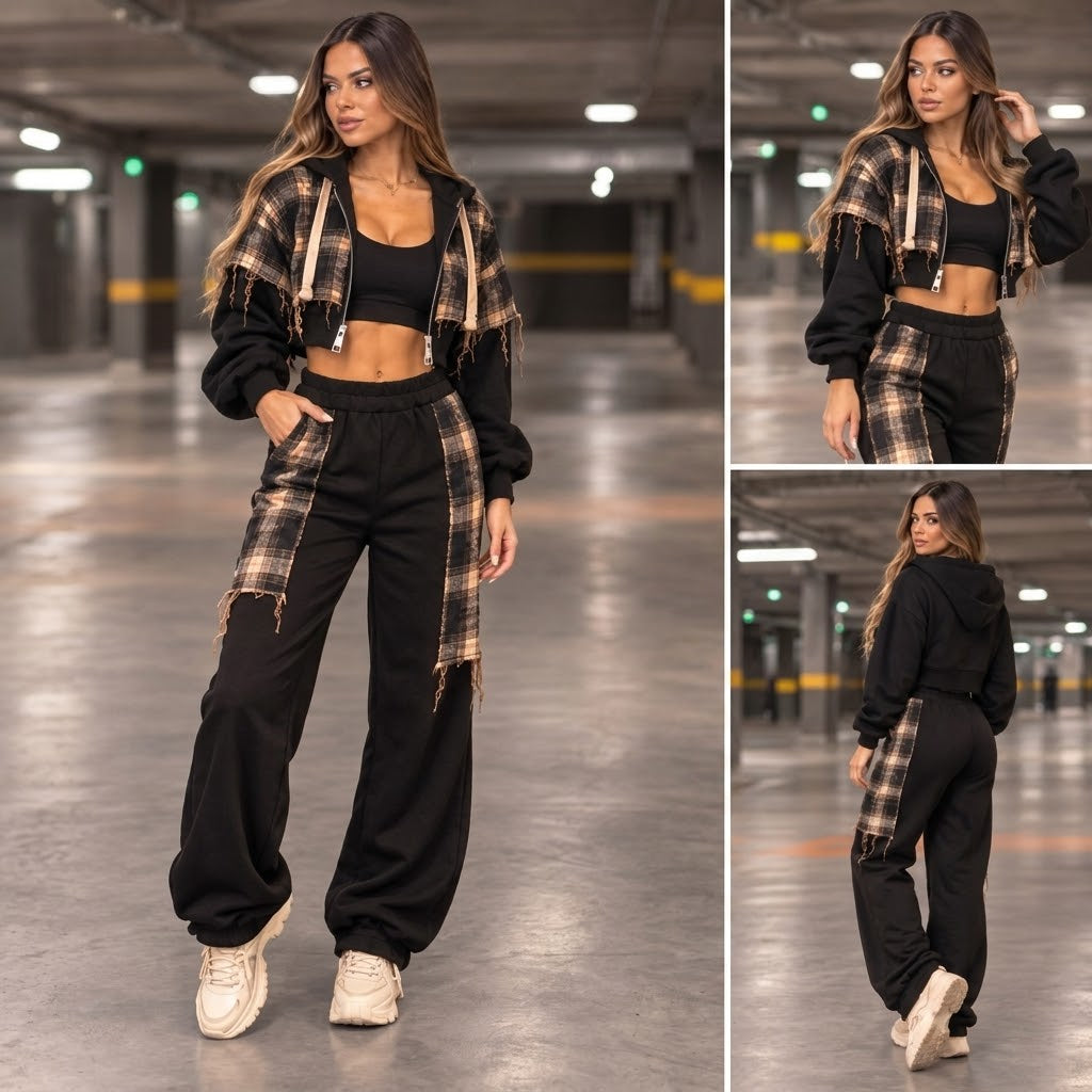 Set Damă Negru cu Carouri Maro și Pantaloni