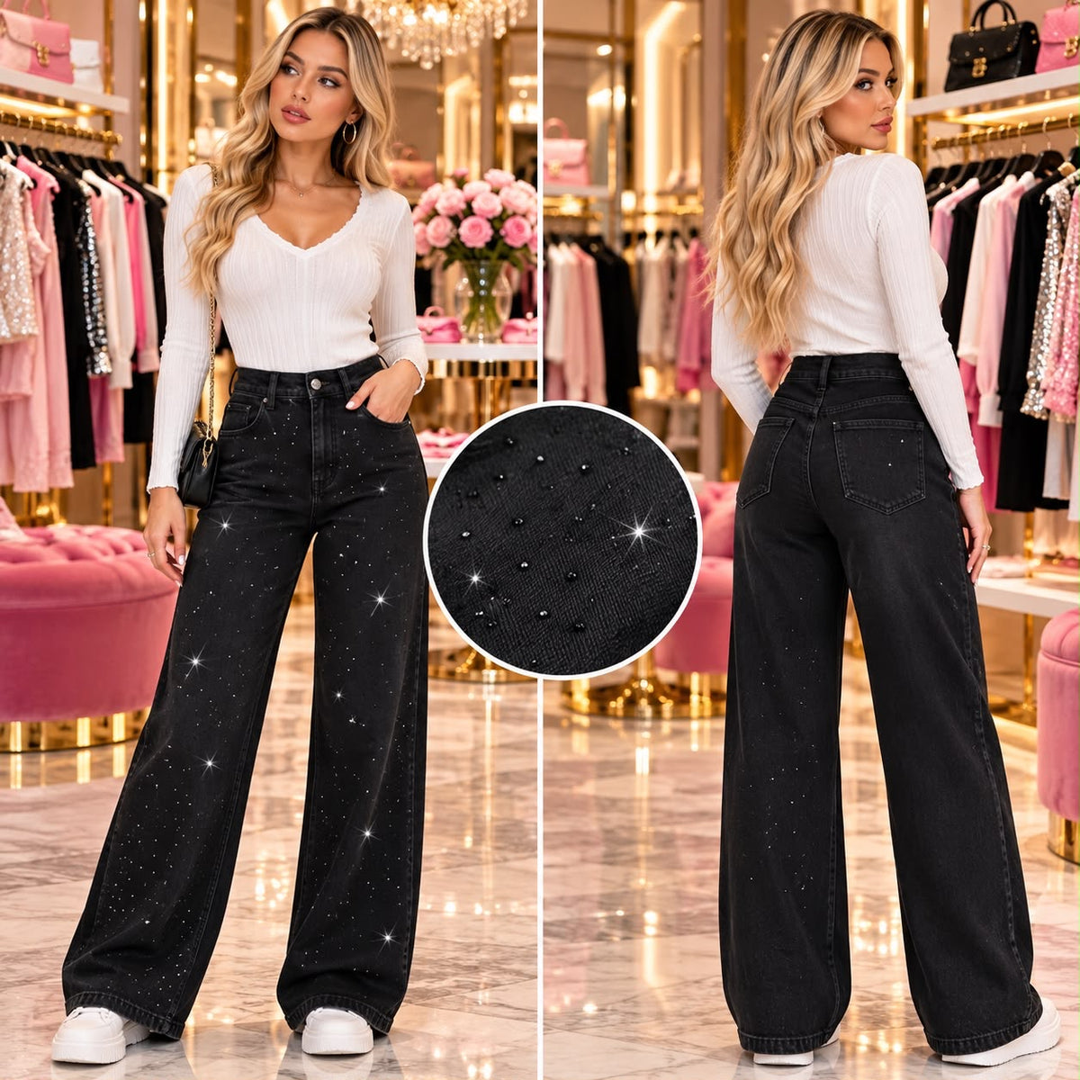 Blugi Damă Wide Leg cu Strasuri Stelare – Negru