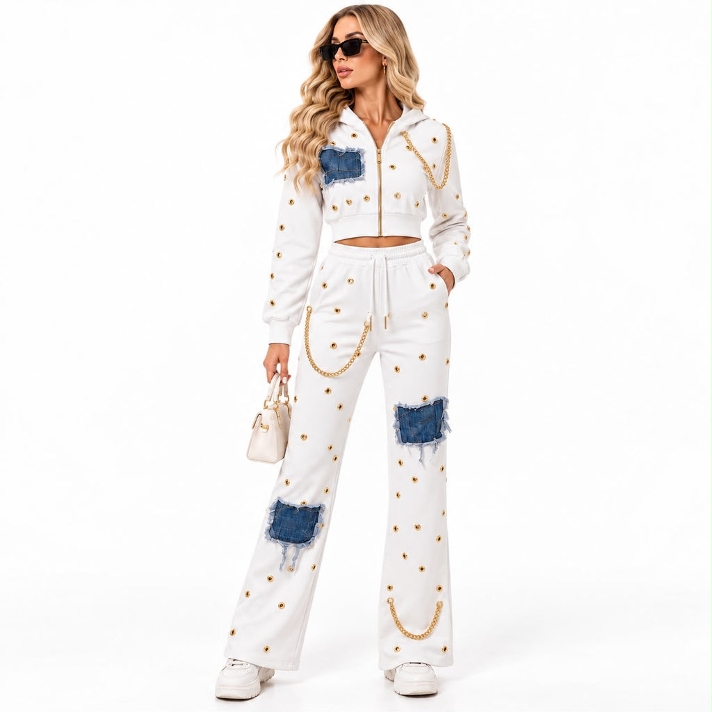 Set Damă Alb cu Inserții Denim și Detalii Aurii