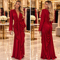 Rochie Damă Lungă Drapată cu Mâneci Bufante – Roșu