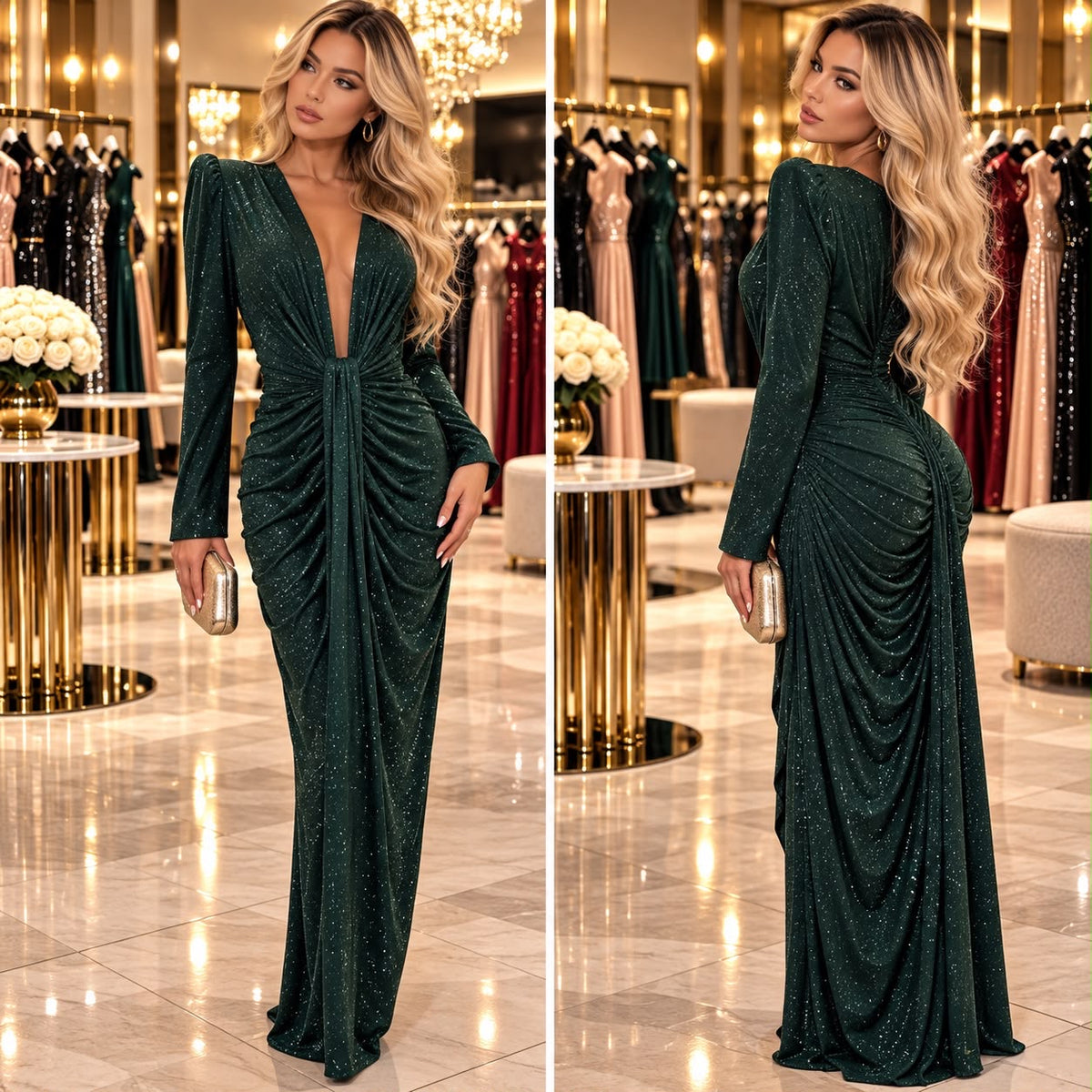 Rochie Damă Lungă Strălucitoare – Verde Smarald