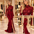 Rochie Damă Lungă cu Mâneci Transparente și Drapaje – Bordo