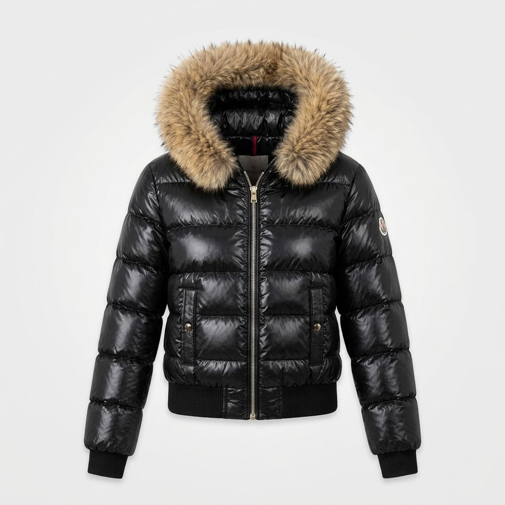 Geacă Damă Scurtă Matlasată Lucioasă cu Glugă – Negru