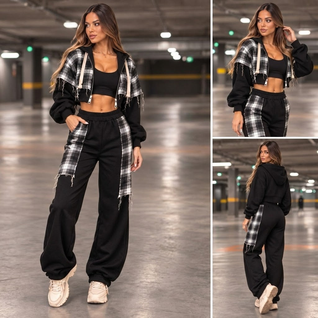 Set Damă Negru cu Carouri Gri și Pantaloni
