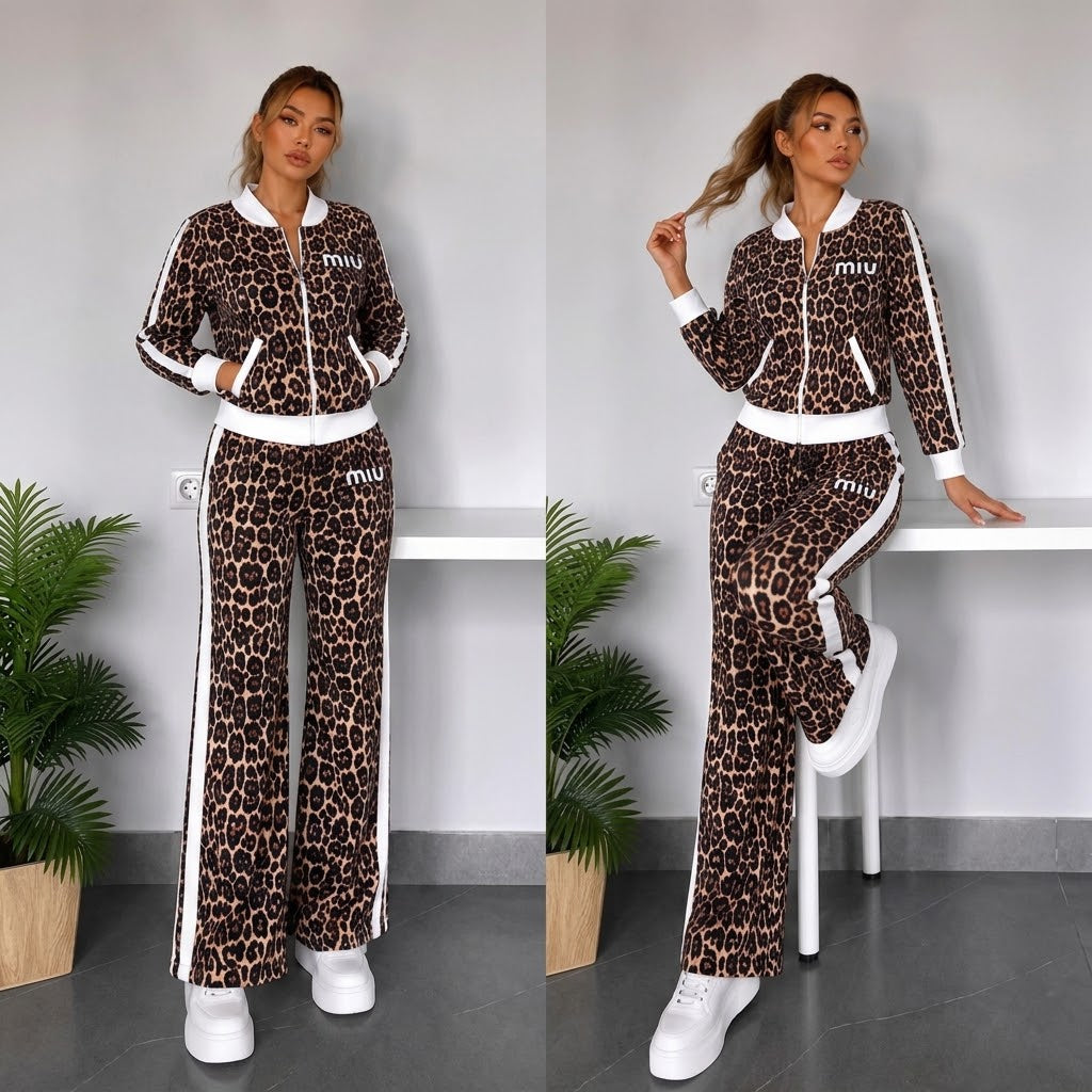 Trening Damă Animal Print – Maro cu Detalii Albe