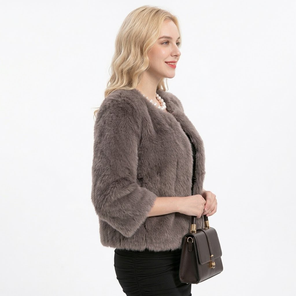 Jachetă Blană Aspect Natural Taupe Croială Scurtă