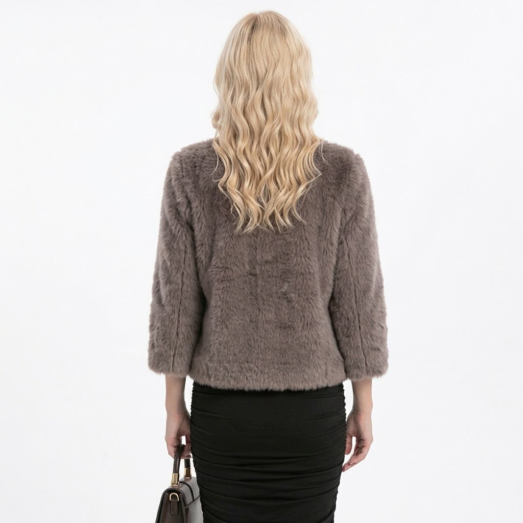 Jachetă Blană Aspect Natural Taupe Croială Scurtă