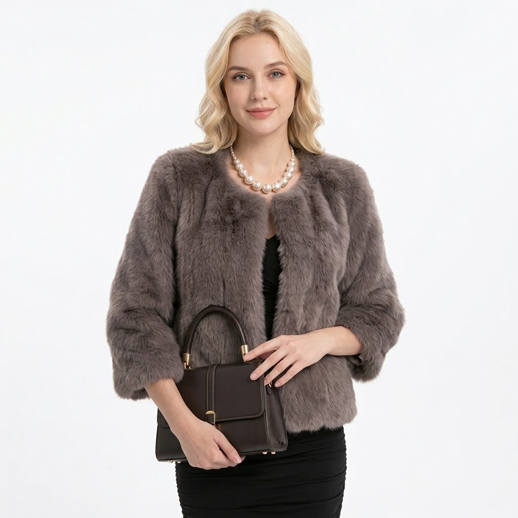 Jachetă Blană Aspect Natural Taupe Croială Scurtă