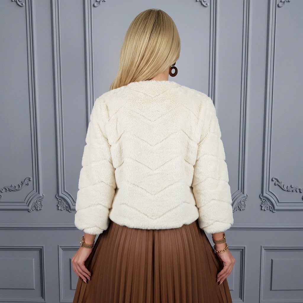 Jachetă Blană Aspect Natural Ivory cu Model Chevron