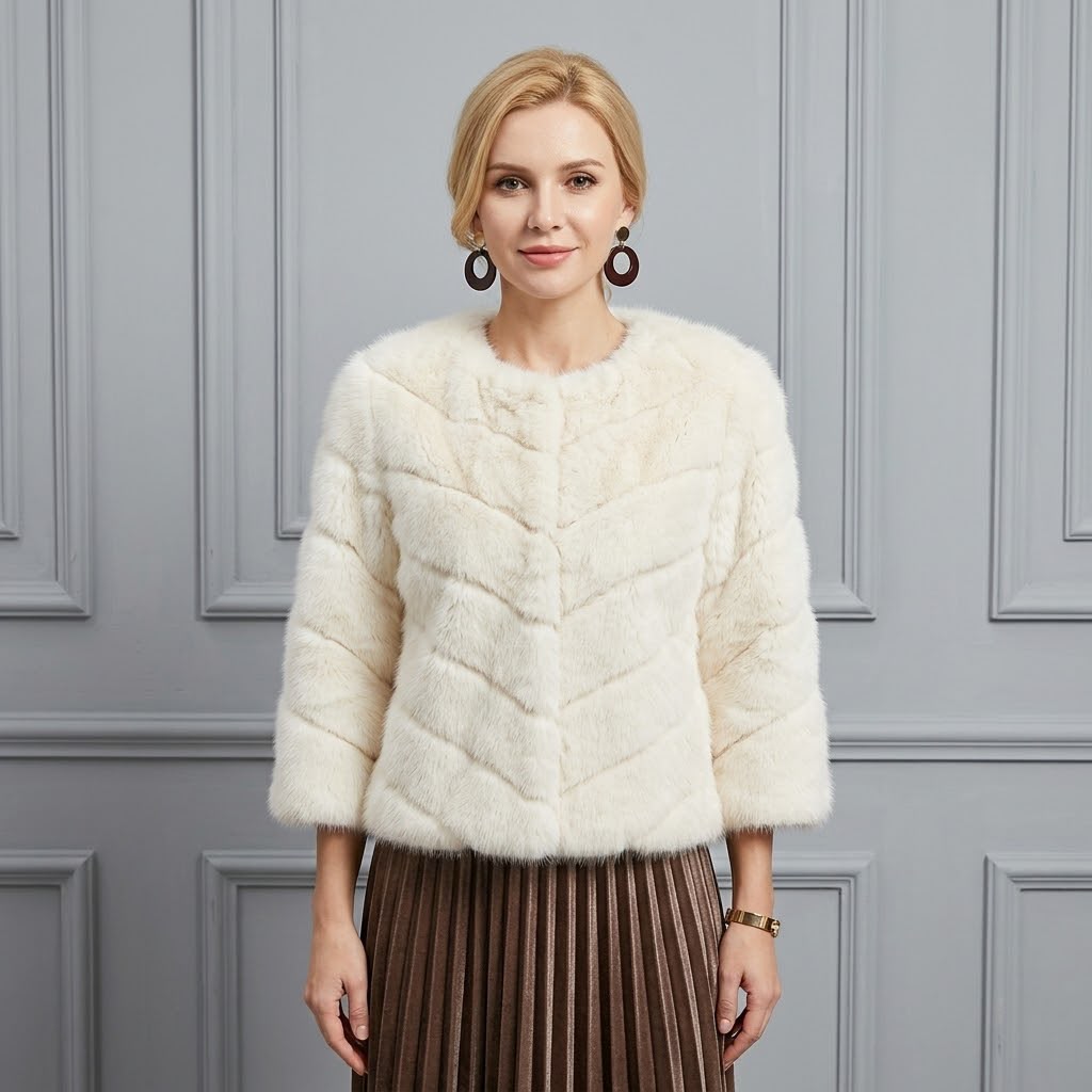 Jachetă Blană Aspect Natural Ivory cu Model Chevron