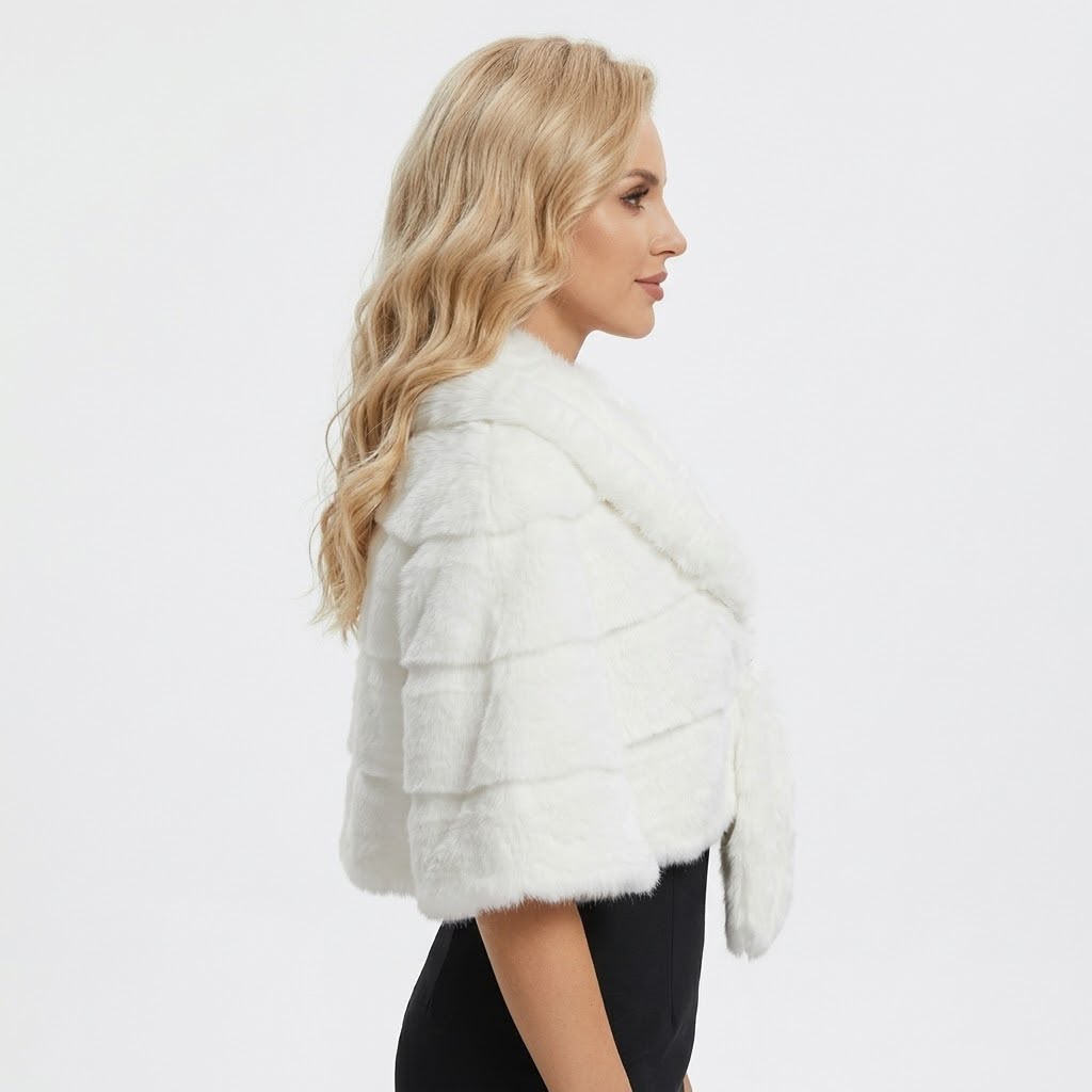 Bolero Blană Aspect Natural Alb cu Guler Elegant