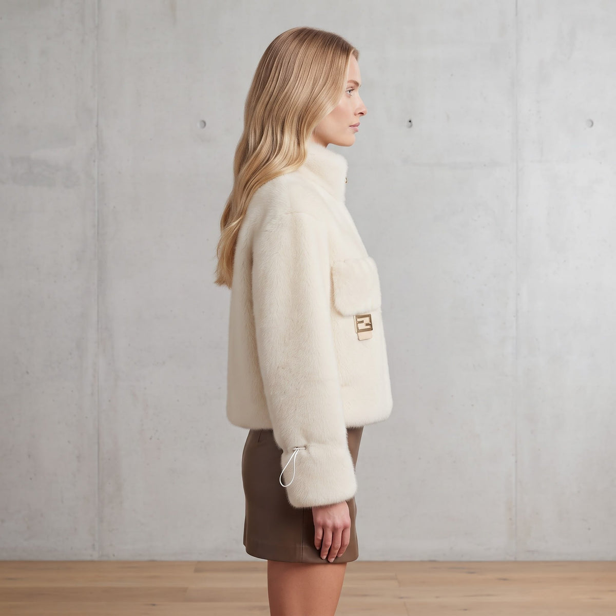 Jachetă Blană Aspect Natural Ivory cu Buzunare