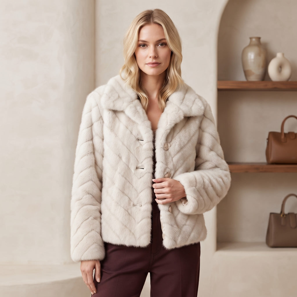 Jachetă Blană Aspect Natural Ivory cu Închidere Elegantă