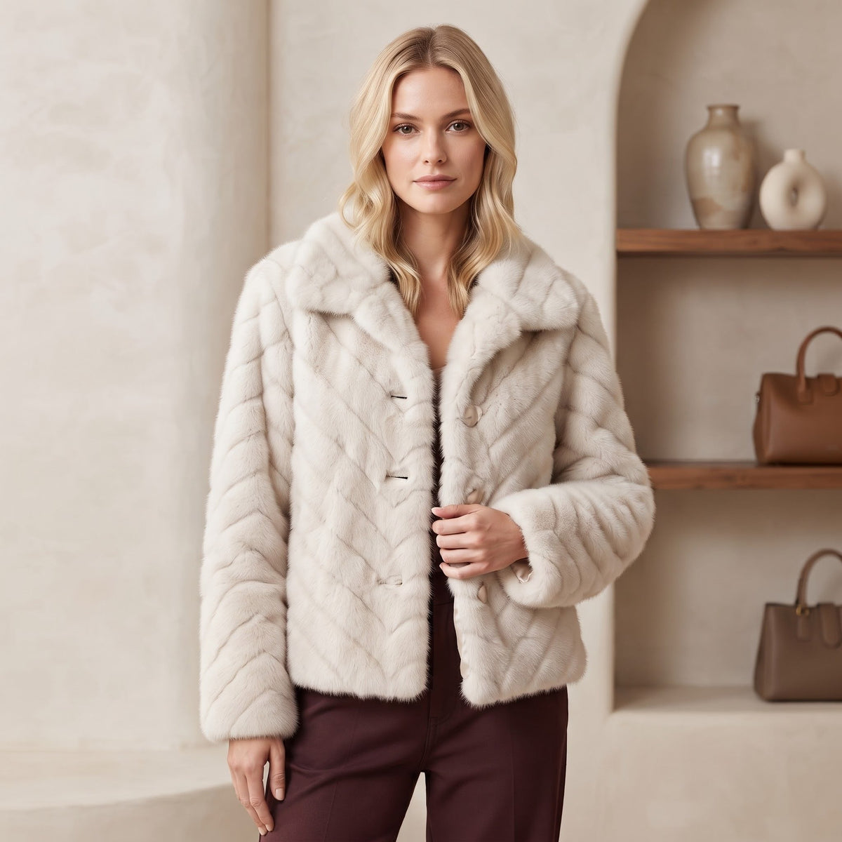 Jachetă Blană Aspect Natural Ivory cu Închidere Elegantă