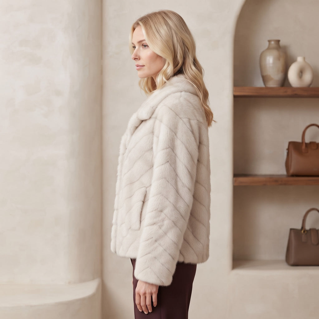 Jachetă Blană Aspect Natural Ivory cu Închidere Elegantă
