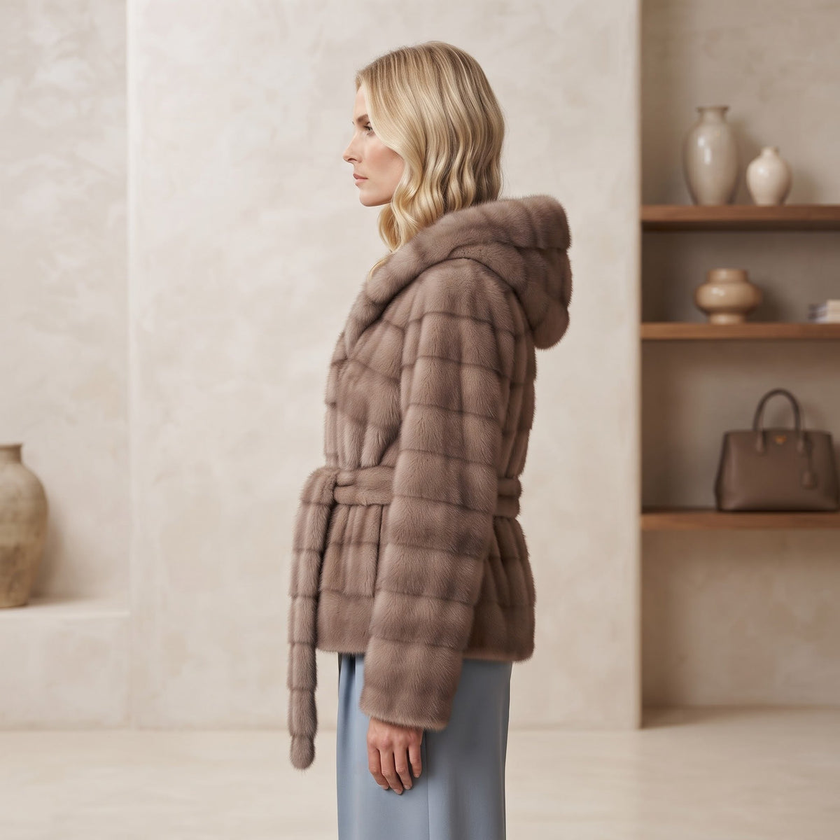 Jachetă Blană Aspect Natural Taupe cu Cordon și Glugă