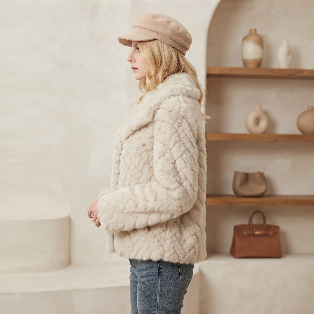 Jachetă Blană Aspect Natural Ivory Matlasată cu Glugă
