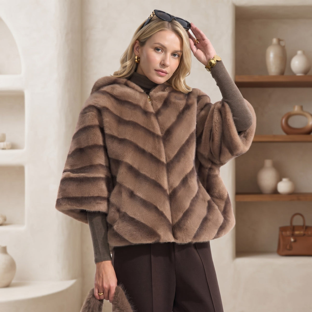 Poncho Blană Aspect Natural Maro Taupe