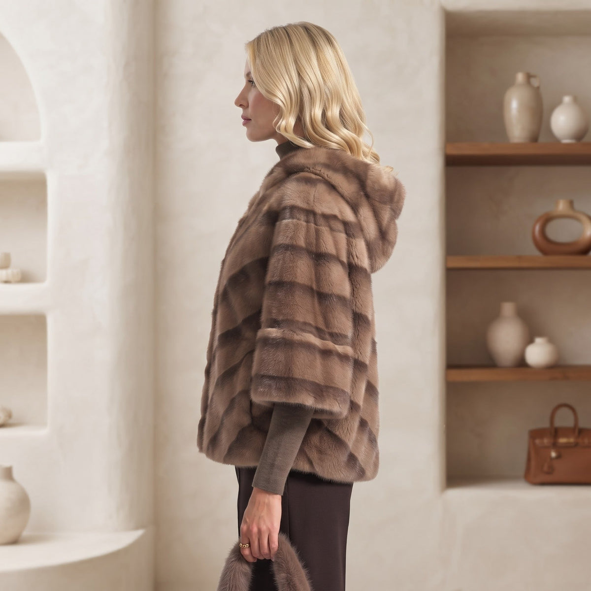 Poncho Blană Aspect Natural Maro Taupe