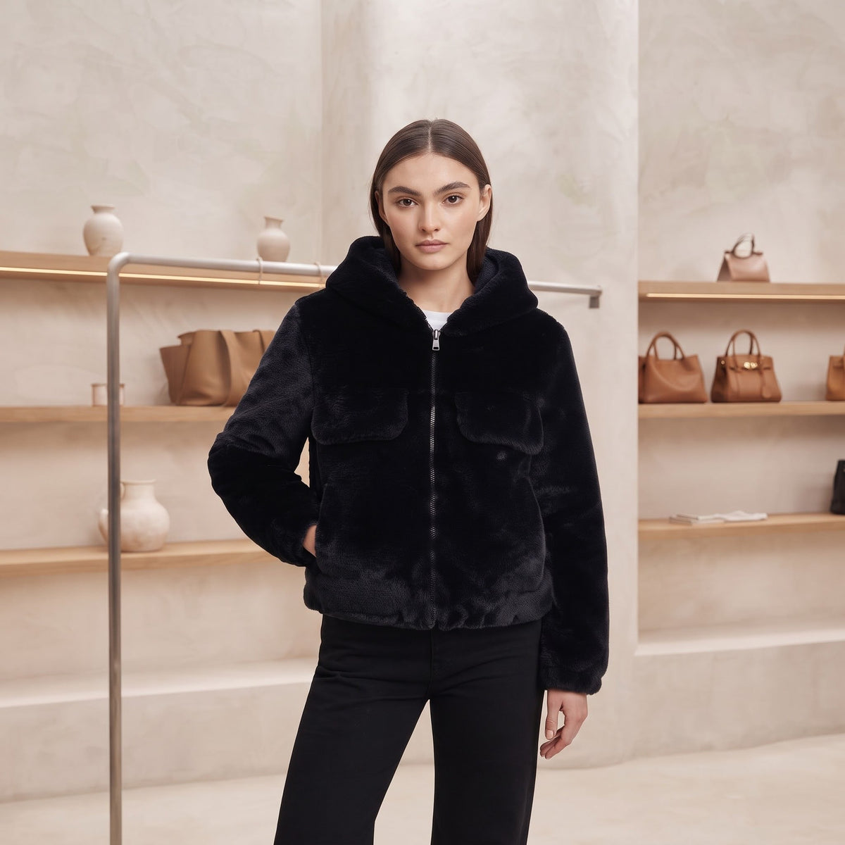 Jachetă Blană Aspect Natural Neagră cu Glugă Sport-Chic