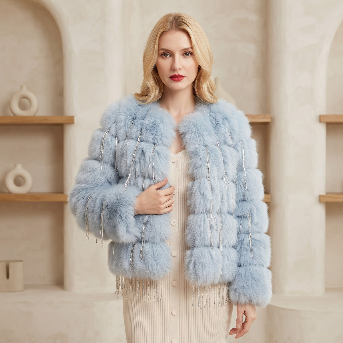 Jachetă Blană Aspect Natural Bleu cu Textură Fină