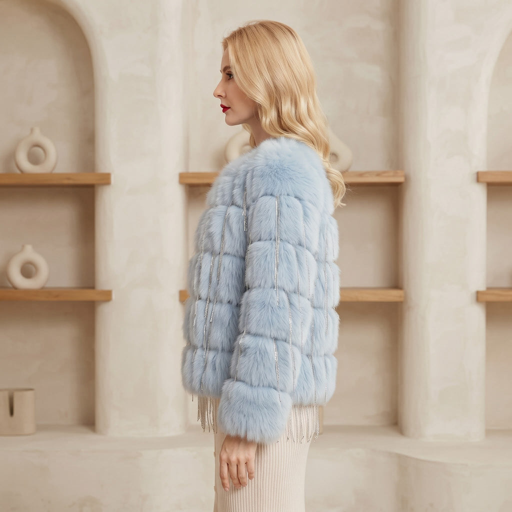 Jachetă Blană Aspect Natural Bleu cu Textură Fină