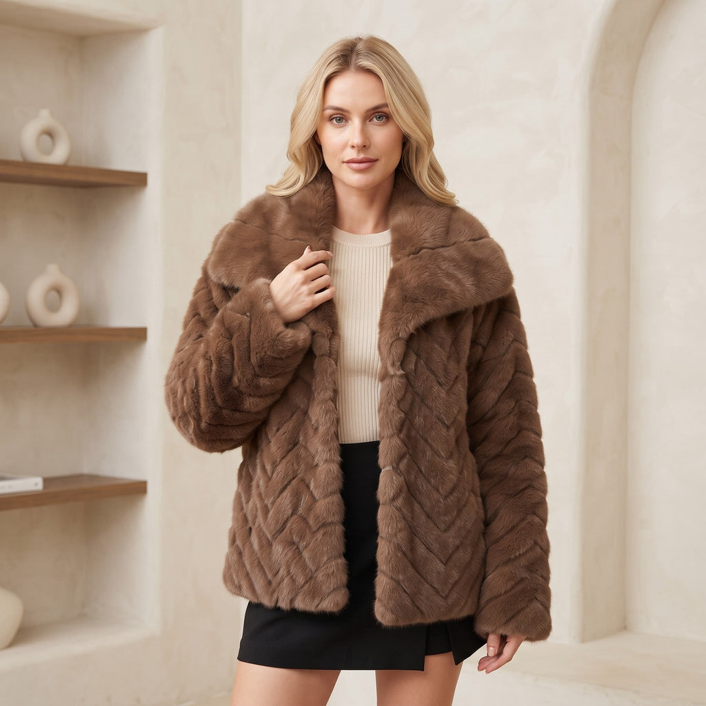 Jachetă Blană Aspect Natural Taupe cu Guler Amplu