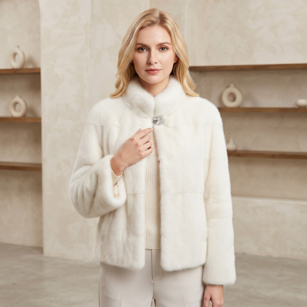 Jachetă Blană Aspect Natural Ivory cu Guler Înalt