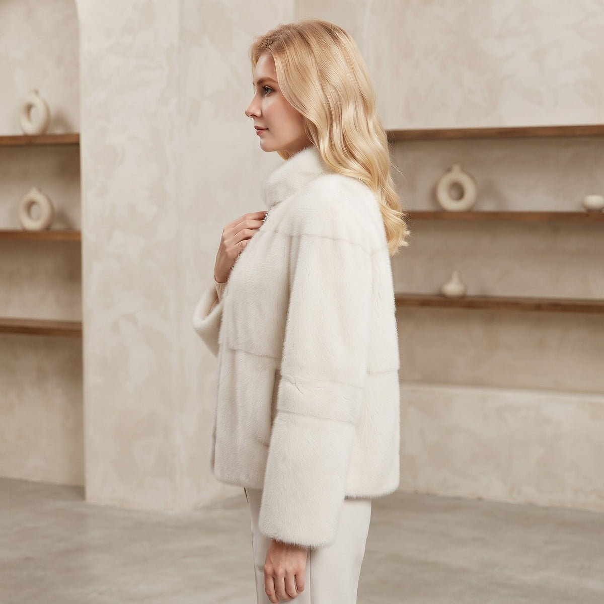 Jachetă Blană Aspect Natural Ivory cu Guler Înalt