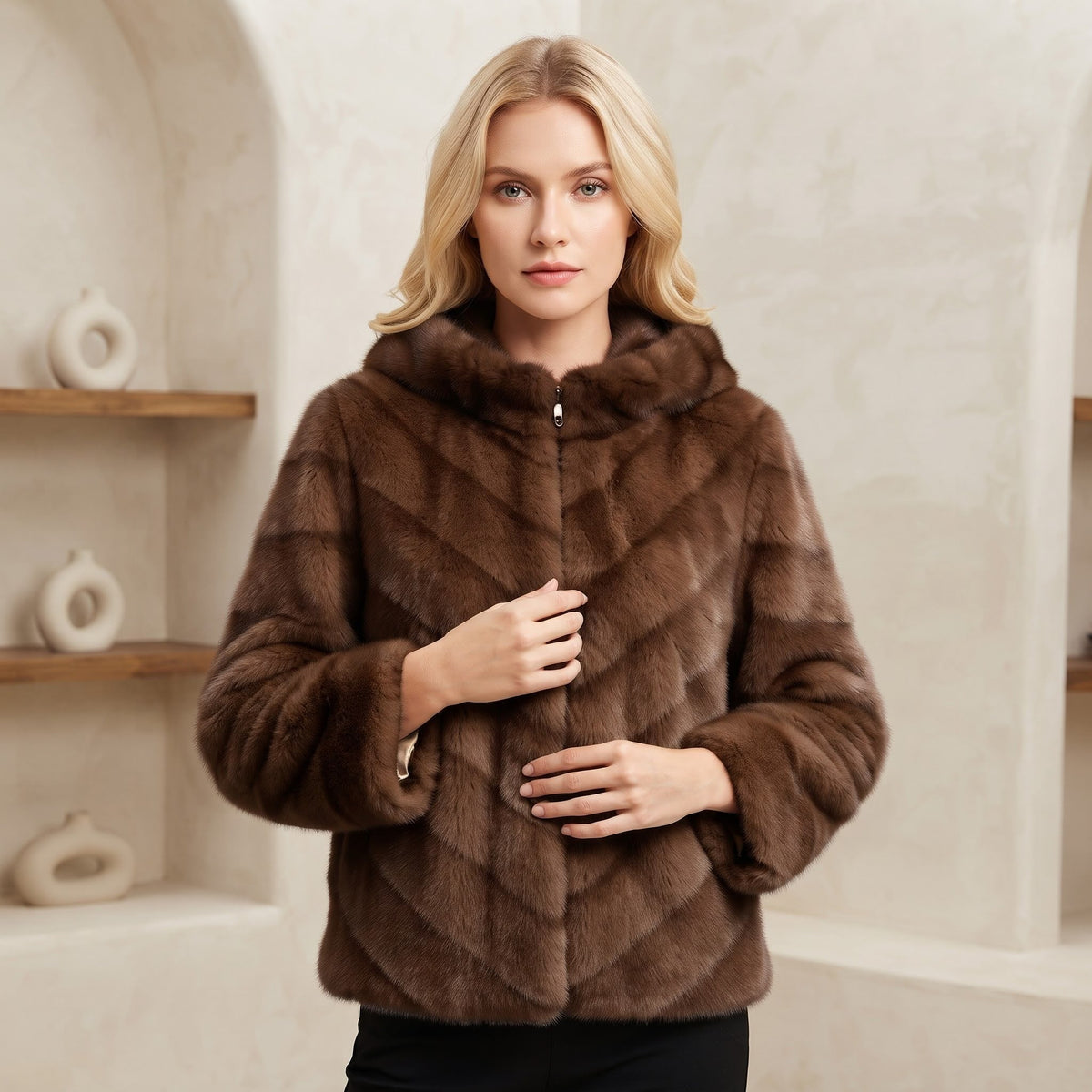 Jachetă Blană Aspect Natural Maro cu Model Chevron