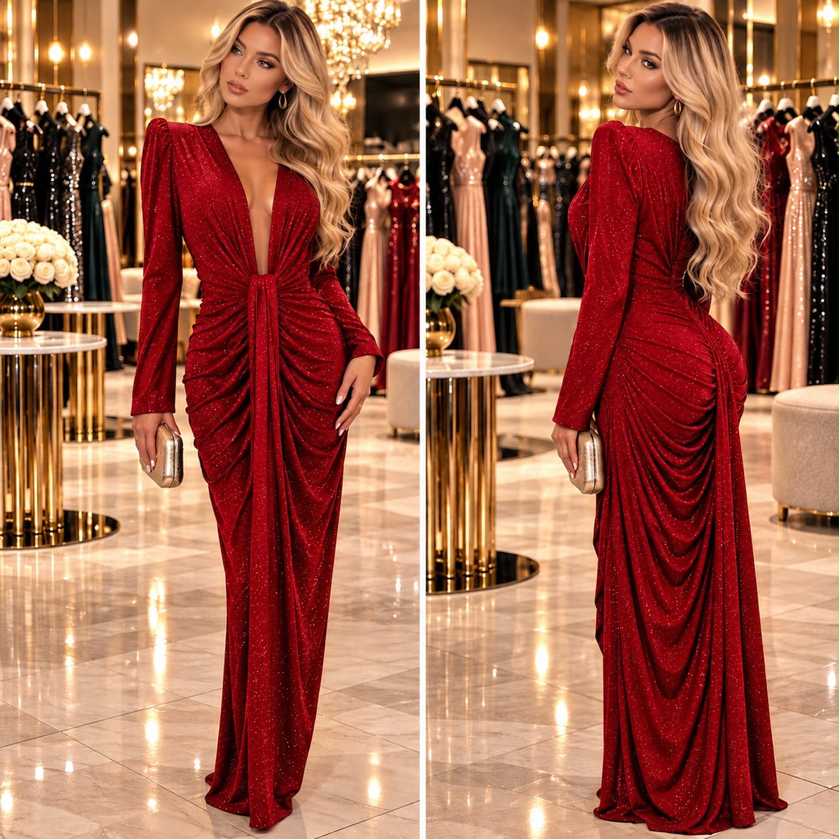 Rochie Damă Lungă Strălucitoare cu Drapaje – Roșu