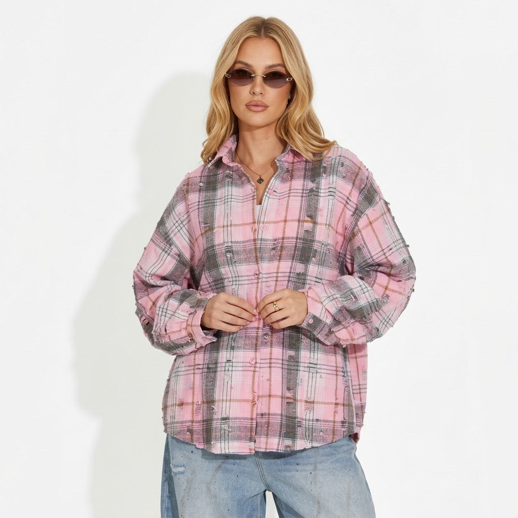 Cămașă Damă Oversize în Carouri – Roz