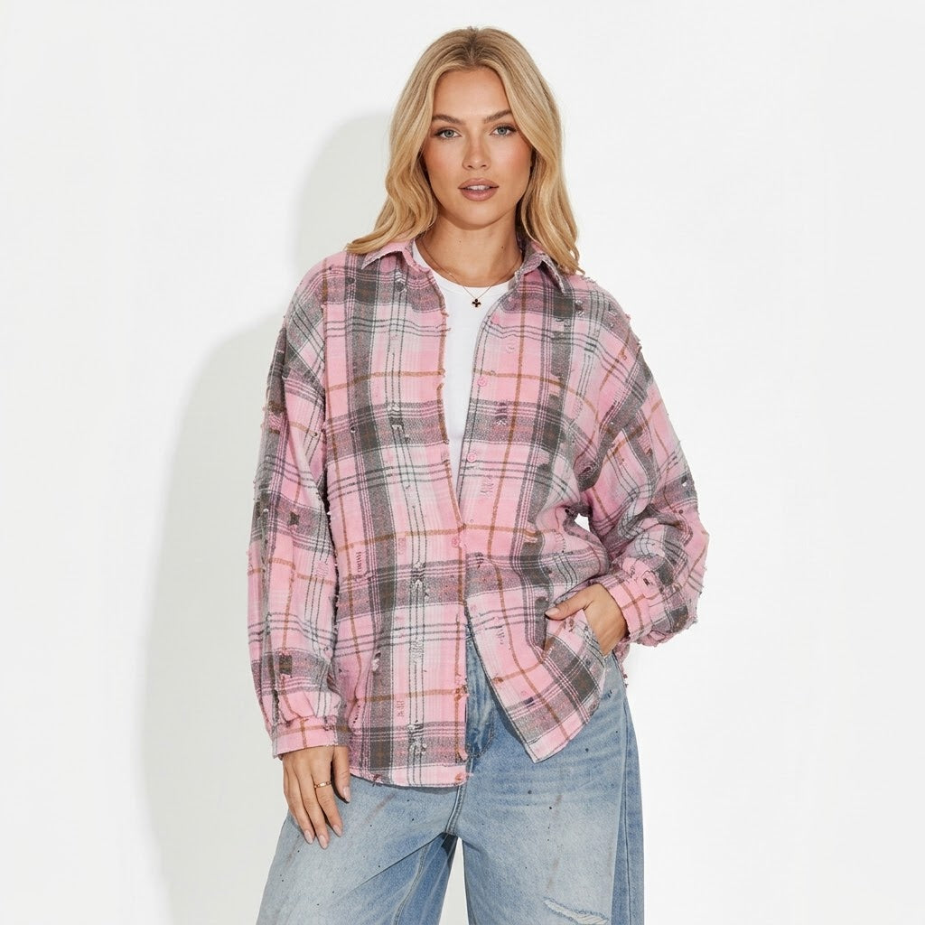 Cămașă Damă Oversize în Carouri – Roz