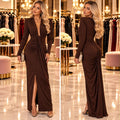 Rochie Damă Lungă Drapată cu Crăpătură – Maro